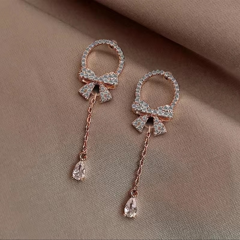 Elegant Bow Water Drop Pendant Stud Earrings - Picture 3 of 7